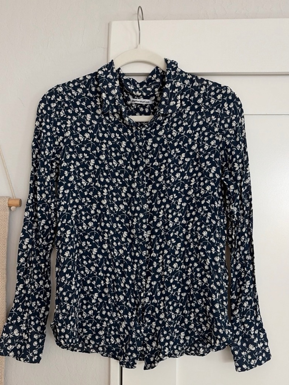 Reformation Navy Blue and White Floral Button-Down Shirt